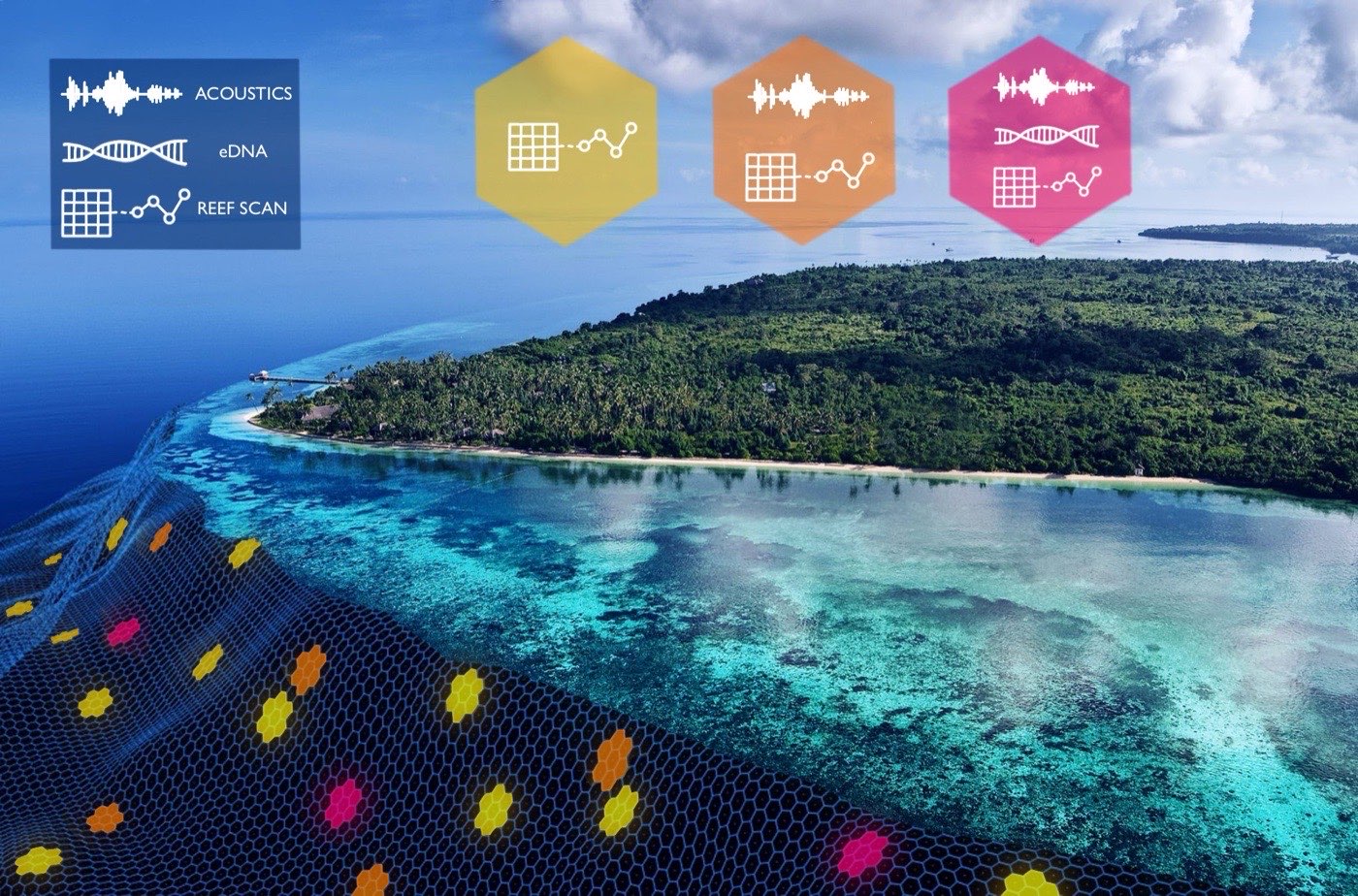 Ocean monitoring methods showing sensor deployments across the reef system